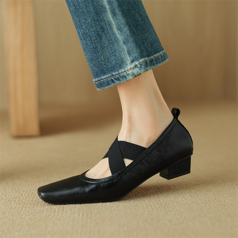 square toe chunky heel low heel cross strap ballet shoes