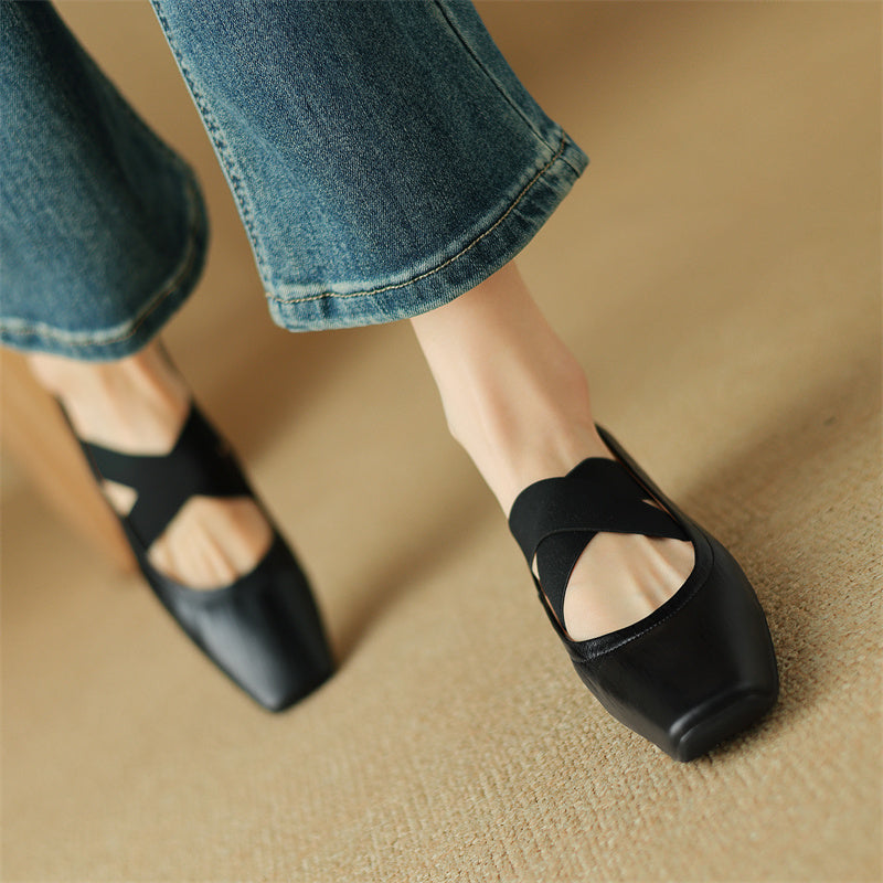 square toe chunky heel low heel cross strap ballet shoes