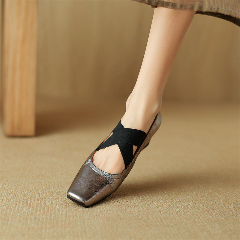 square toe chunky heel low heel cross strap ballet shoes