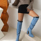 Light Blue Denim Mini Pocket Style Platform Chunky Heel Knee High Boots