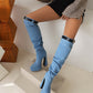 Light Blue Denim Mini Pocket Style Platform Chunky Heel Knee High Boots