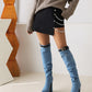 Light Blue Denim Mini Pocket Style Platform Chunky Heel Knee High Boots