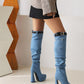 Light Blue Denim Mini Pocket Style Platform Chunky Heel Knee High Boots