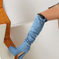 Light Blue Denim Mini Pocket Style Platform Chunky Heel Knee High Boots