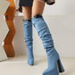 Light Blue Denim Mini Pocket Style Platform Chunky Heel Knee High Boots