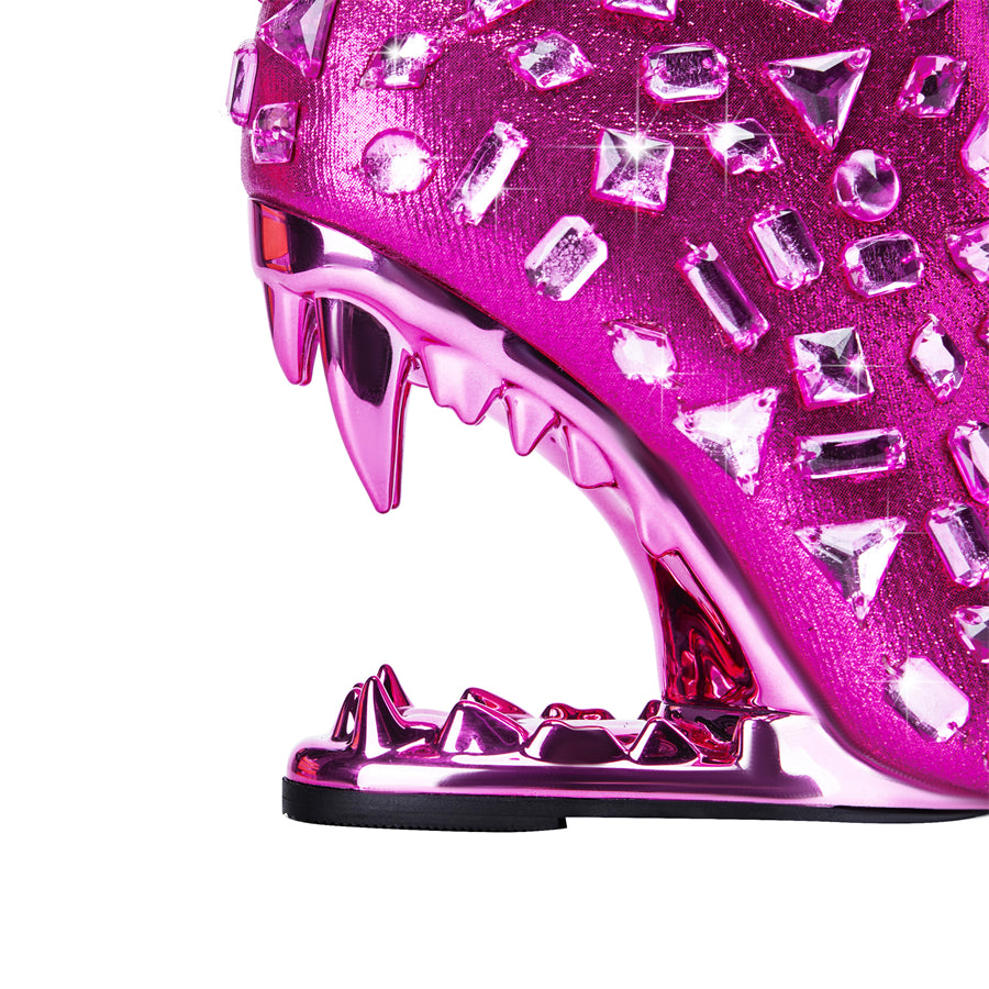 Pink Animal Tooth Design Rhinestone Pointed Toe Ankle Boots