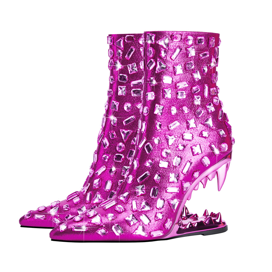 Pink Animal Tooth Design Rhinestone Pointed Toe Ankle Boots