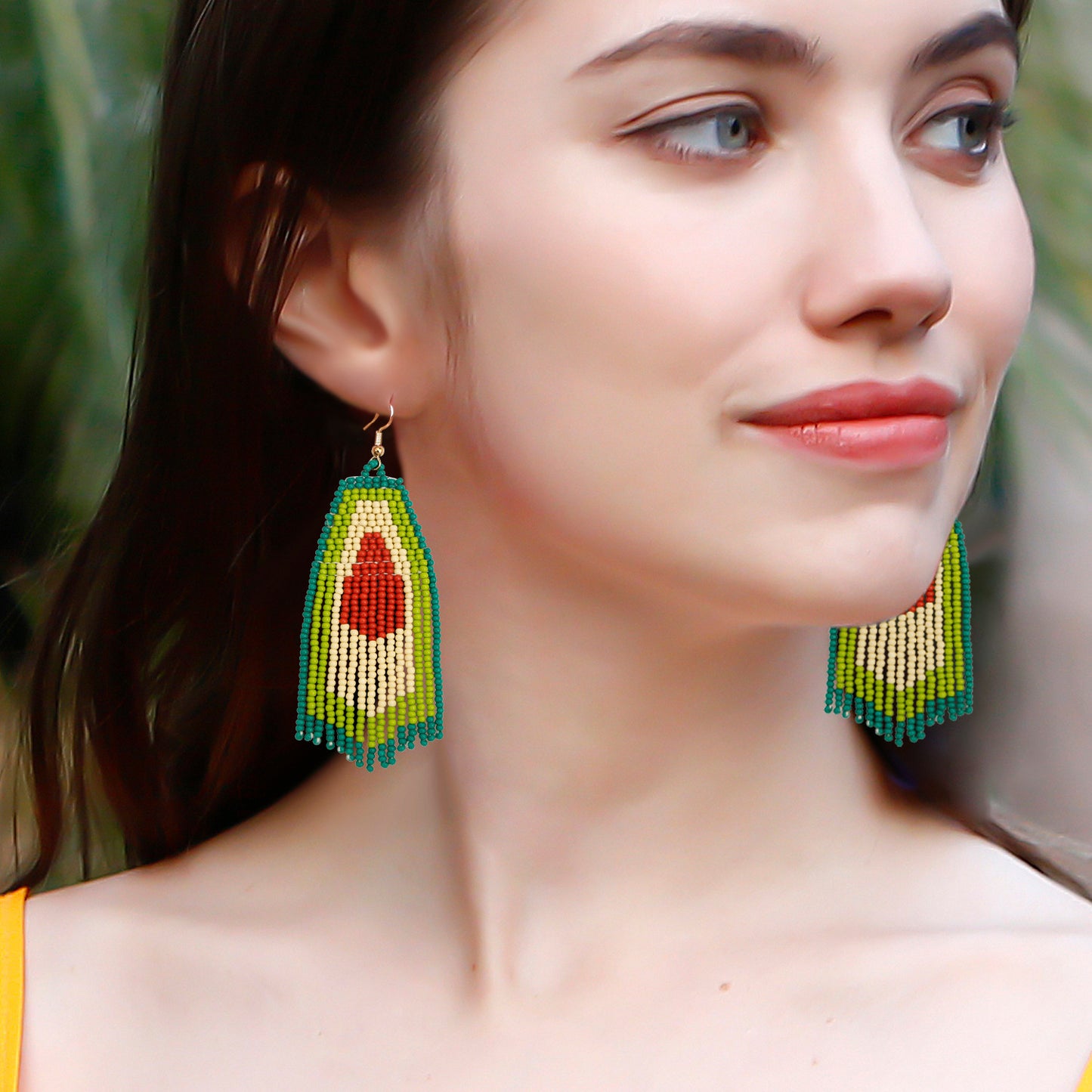 Bohemian pendant earrings with avocado fringe beads