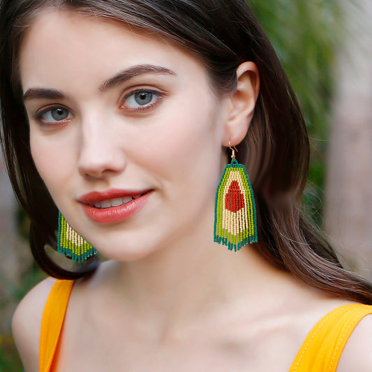 Bohemian pendant earrings with avocado fringe beads