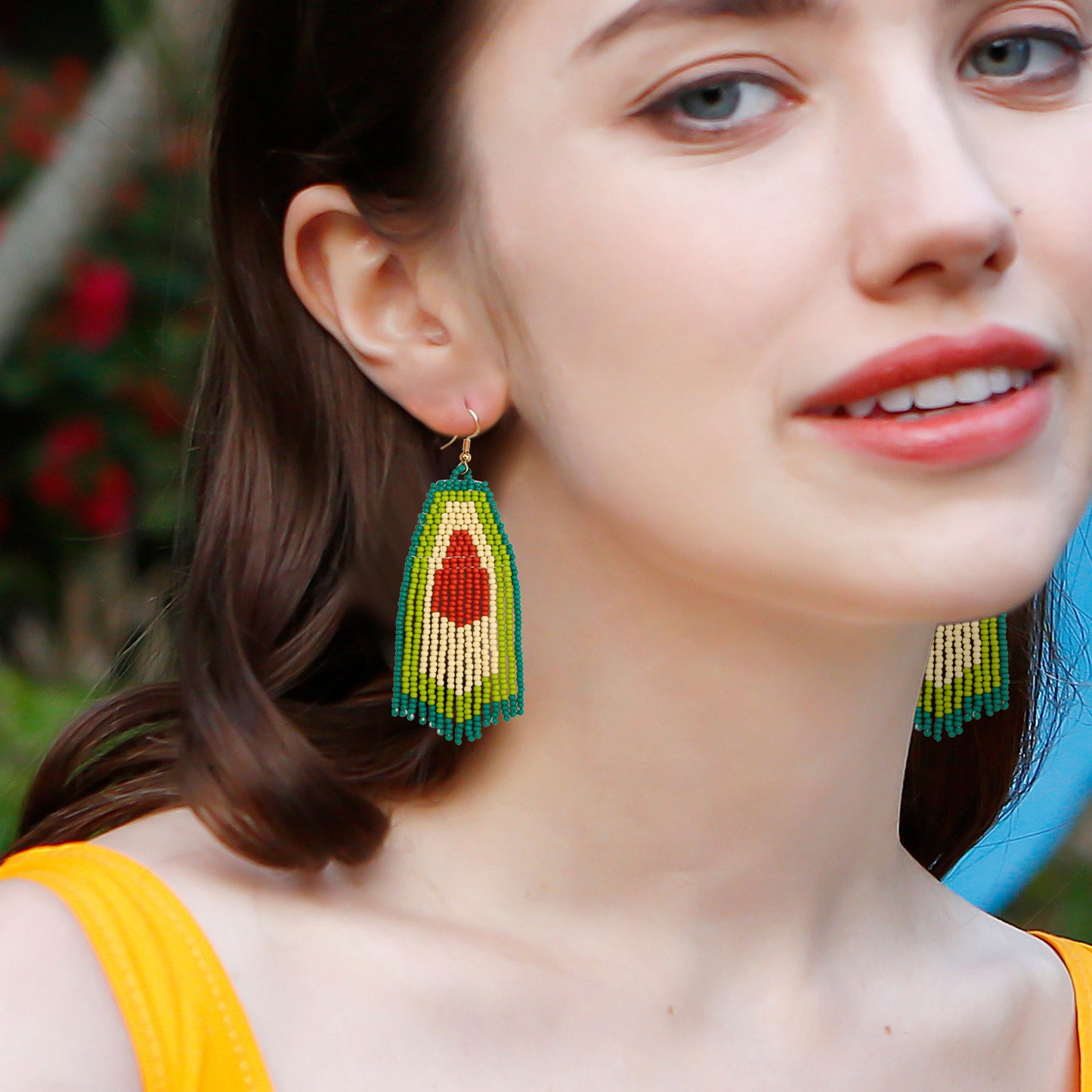 Bohemian pendant earrings with avocado fringe beads