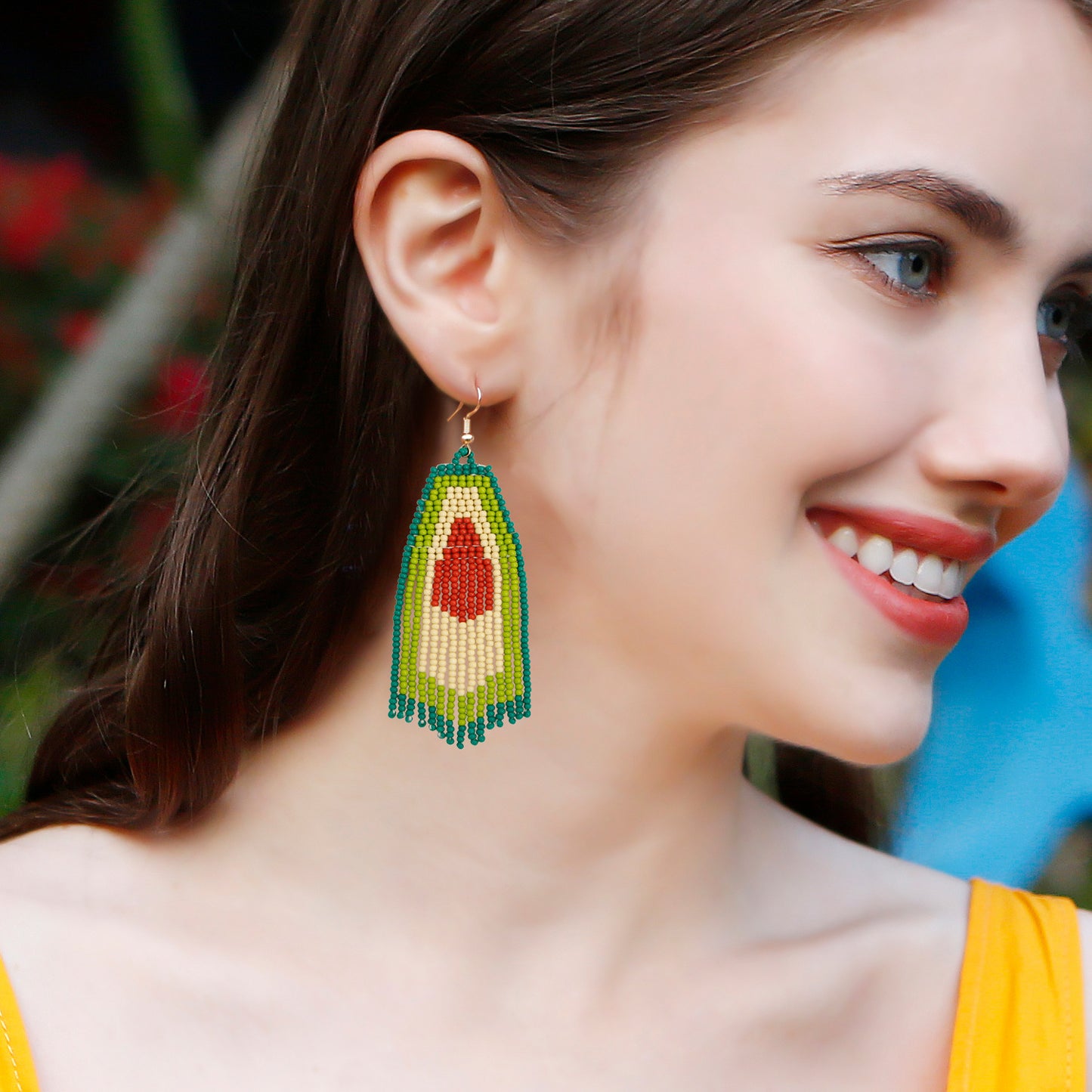 Bohemian pendant earrings with avocado fringe beads