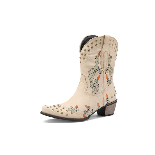 <tc>Beige Desert's Cactus Embroidery West Cowboy Boots Retro Ankle Booties for Women</tc>