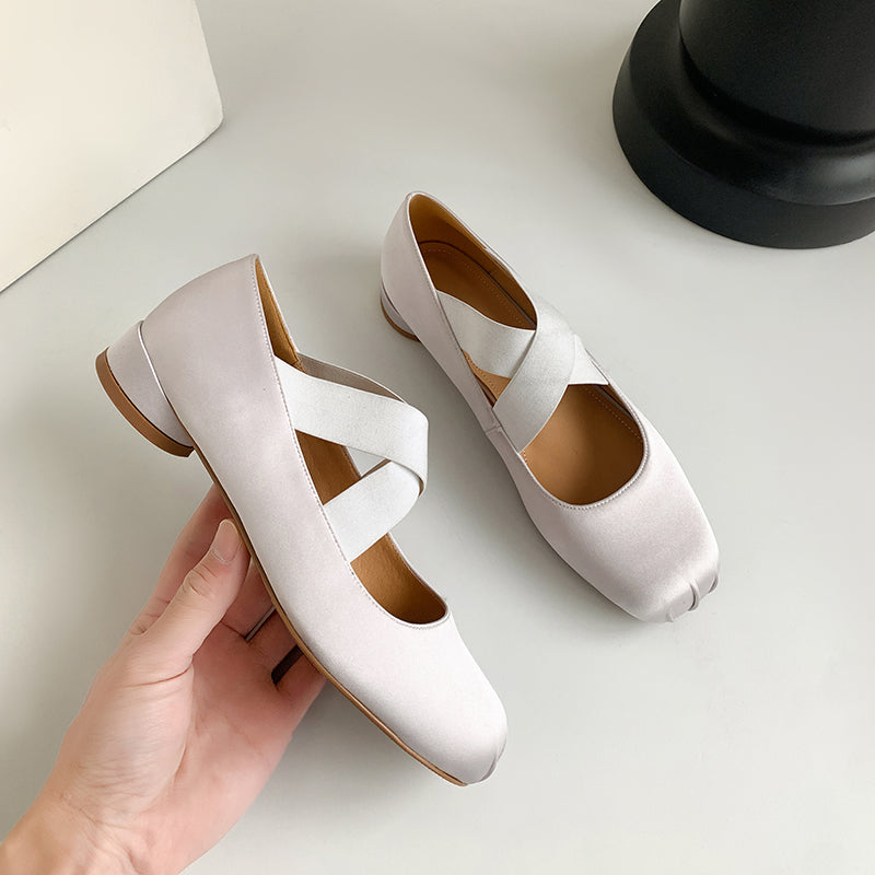 Gray Retro Silk Cross Strap Ballet Flat Shoes Mary Jane Shoes