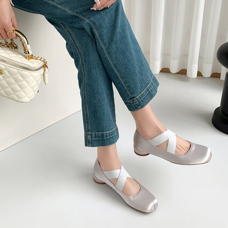 Gray Retro Silk Cross Strap Ballet Flat Shoes Mary Jane Shoes