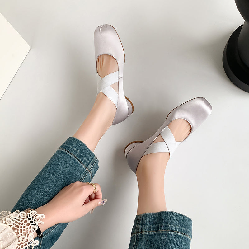 Gray Retro Silk Cross Strap Ballet Flat Shoes Mary Jane Shoes