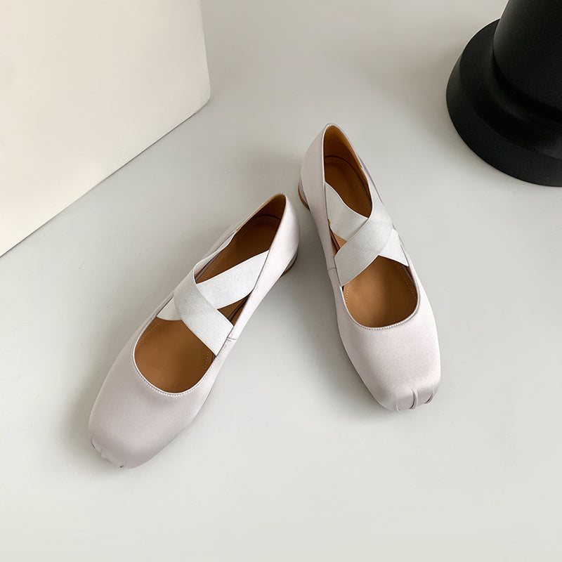 Gray Retro Silk Cross Strap Ballet Flat Shoes Mary Jane Shoes