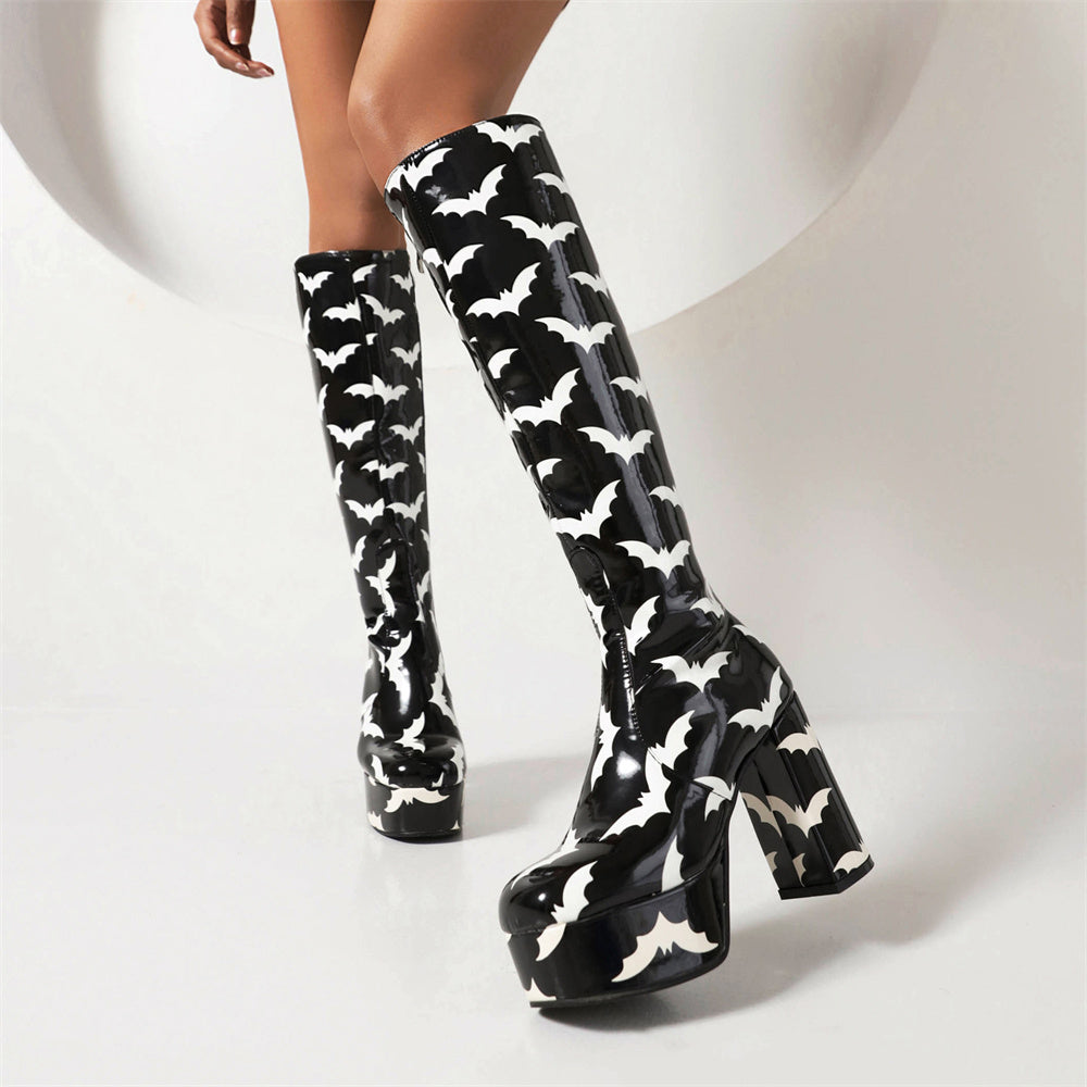 Black Butt Patent Leather Platform Chunky Heel Knee High Boots