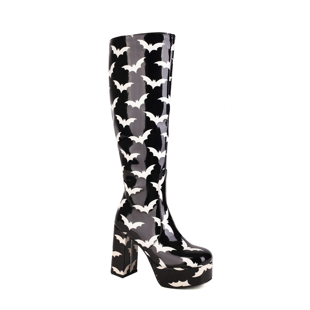 Black Butt Patent Leather Platform Chunky Heel Knee High Boots