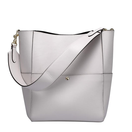 White Leather Shoulder Bucket Bag Large Capacity Tote Bag Commuting Daily