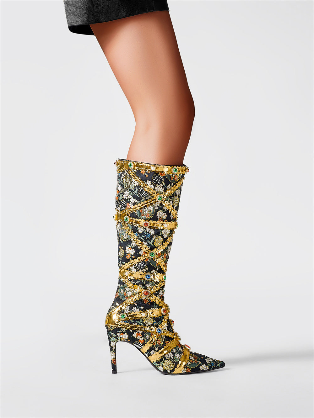 Rhinestone pointed-toe stiletto-heel knee-high boots