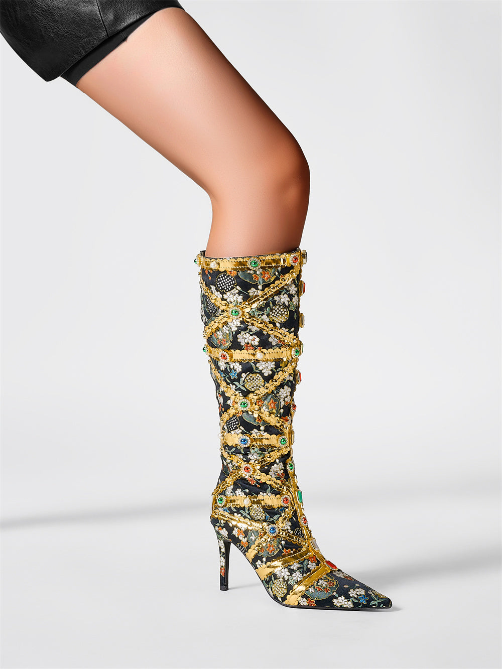 Rhinestone pointed-toe stiletto-heel knee-high boots