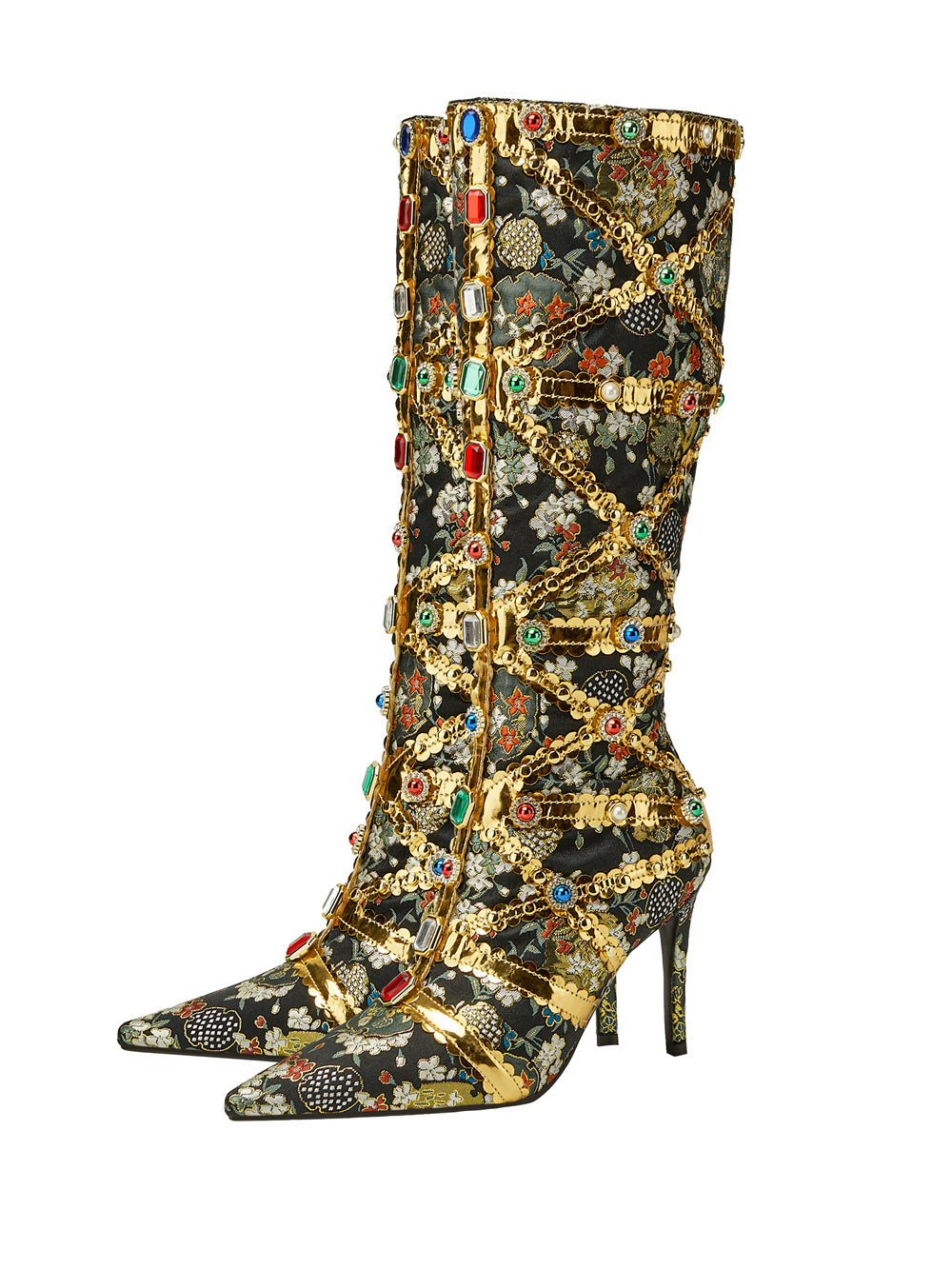 Rhinestone pointed-toe stiletto-heel knee-high boots