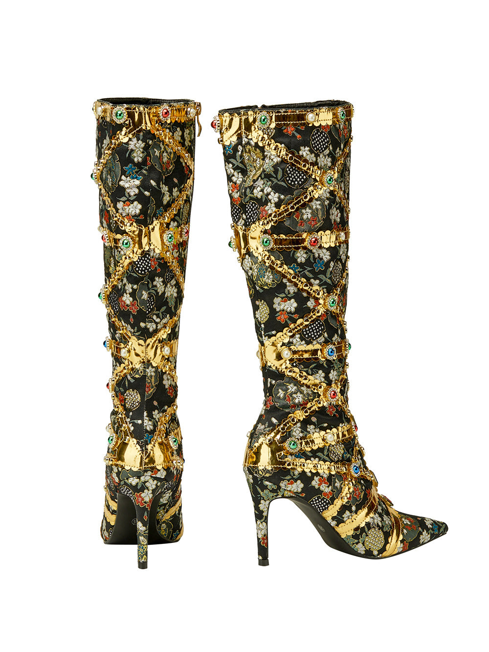 Rhinestone pointed-toe stiletto-heel knee-high boots