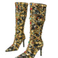 Rhinestone pointed-toe stiletto-heel knee-high boots