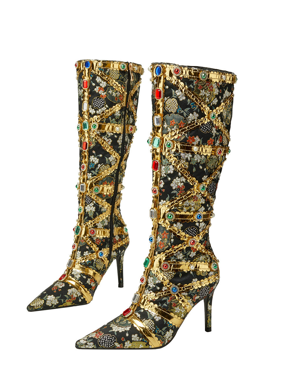 Rhinestone pointed-toe stiletto-heel knee-high boots