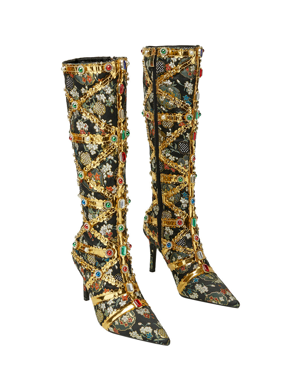 Rhinestone pointed-toe stiletto-heel knee-high boots