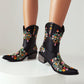 Black Embroidered Floral Western Cowboy Boots Block Heel Mid-Calf Boots