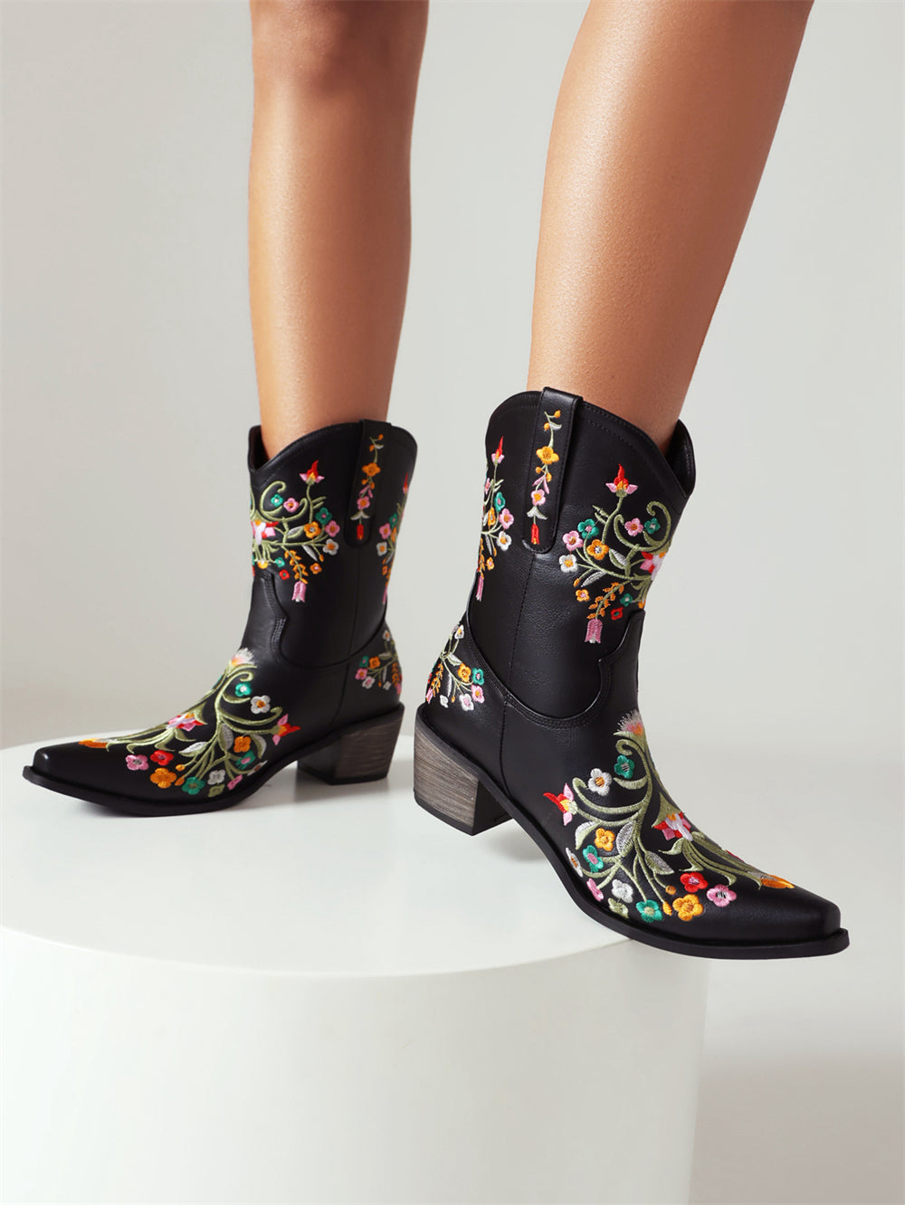 Black Embroidered Floral Western Cowboy Boots Block Heel Mid-Calf Boots