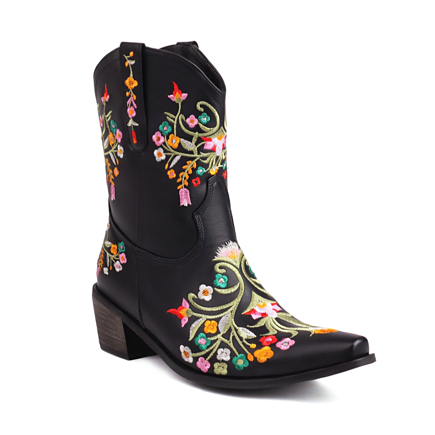 Black Embroidered Floral Western Cowboy Boots Block Heel Mid-Calf Boots