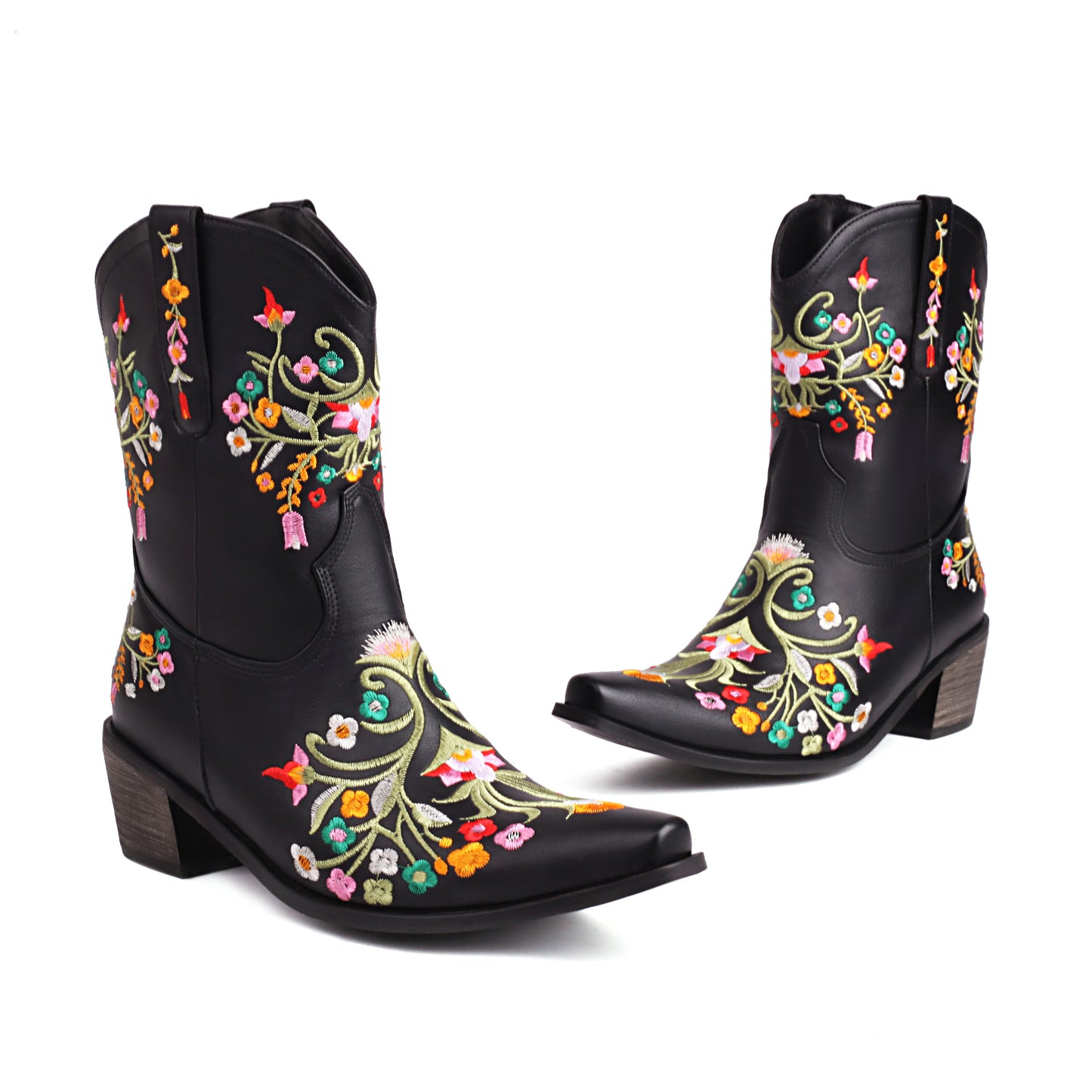 Black Embroidered Floral Western Cowboy Boots Block Heel Mid-Calf Boots