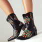 Black Embroidered Floral Western Cowboy Boots Block Heel Mid-Calf Boots