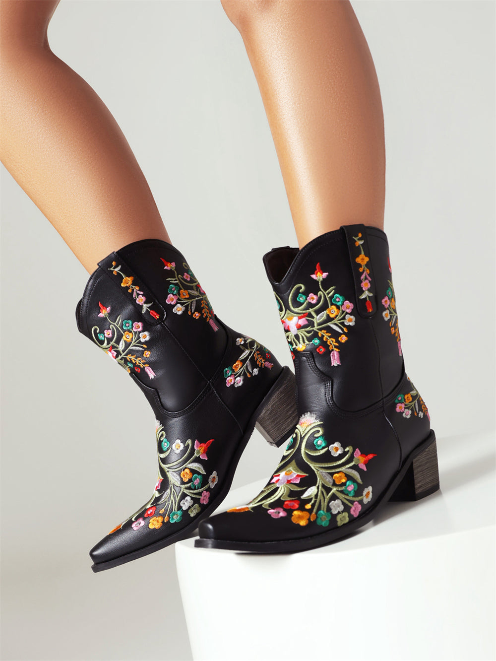 Black Embroidered Floral Western Cowboy Boots Block Heel Mid-Calf Boots