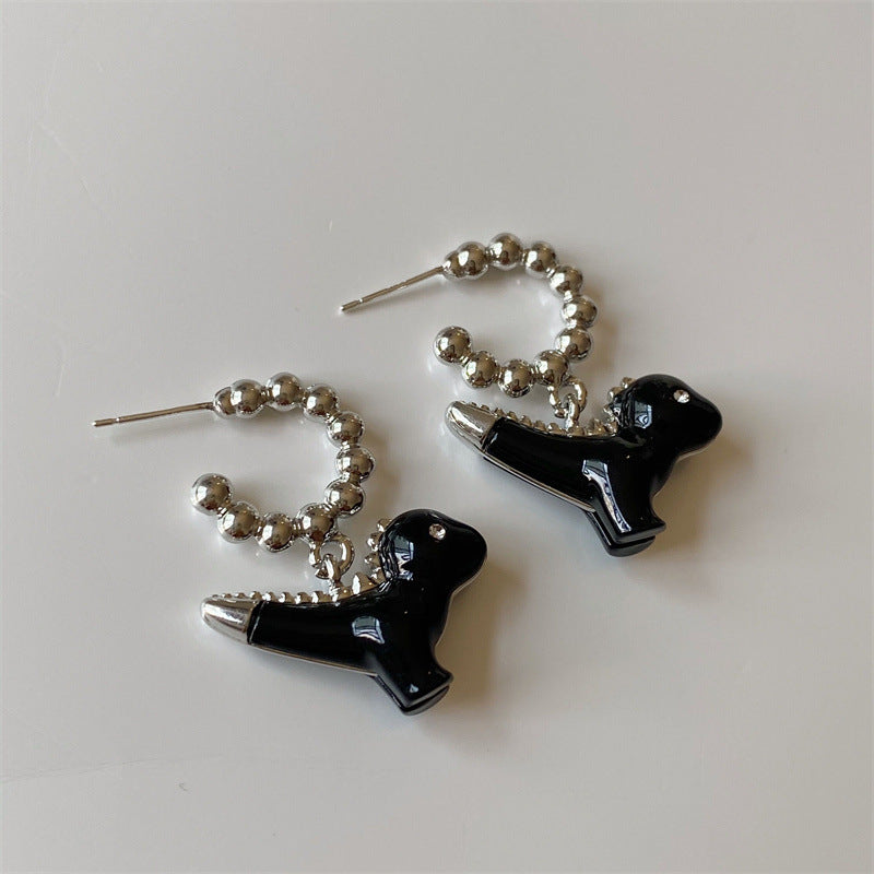 Black Enamel Color Dinosaur Unique Design Cartoon Animal Pendant Earrings