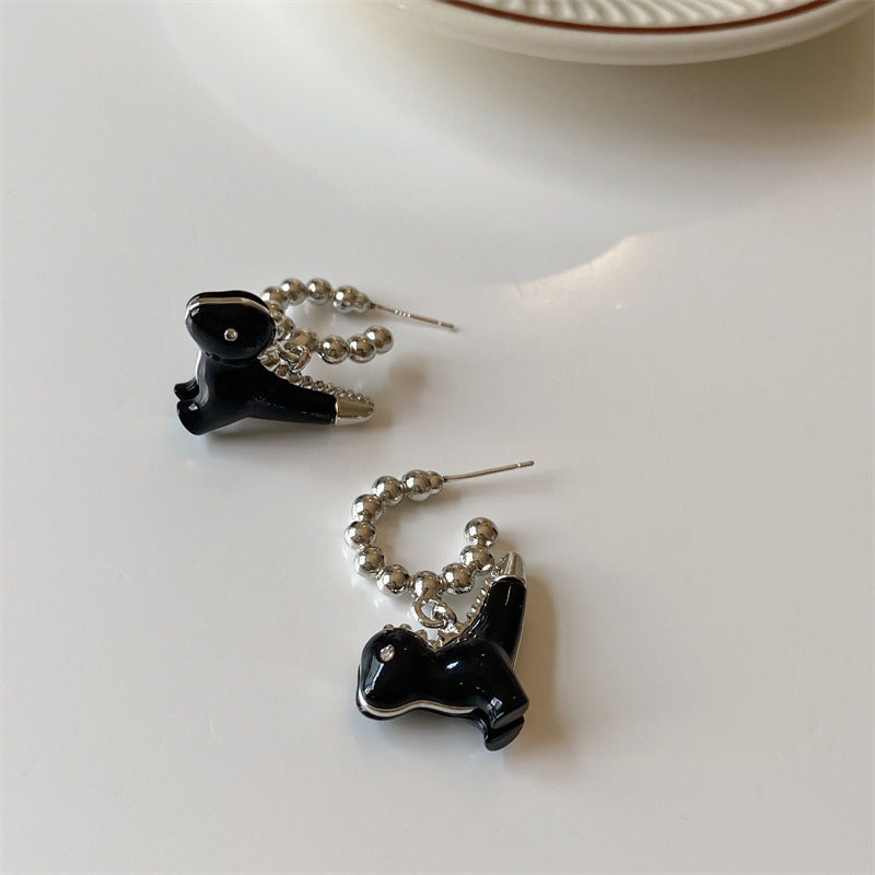 Black Enamel Color Dinosaur Unique Design Cartoon Animal Pendant Earrings