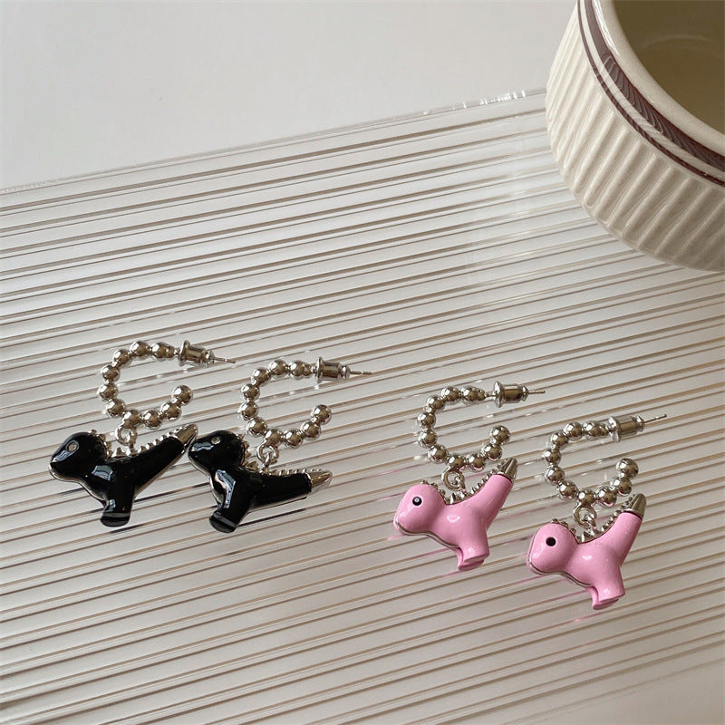 Black Enamel Color Dinosaur Unique Design Cartoon Animal Pendant Earrings