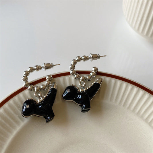 Black Enamel Color Dinosaur Unique Design Cartoon Animal Pendant Earrings