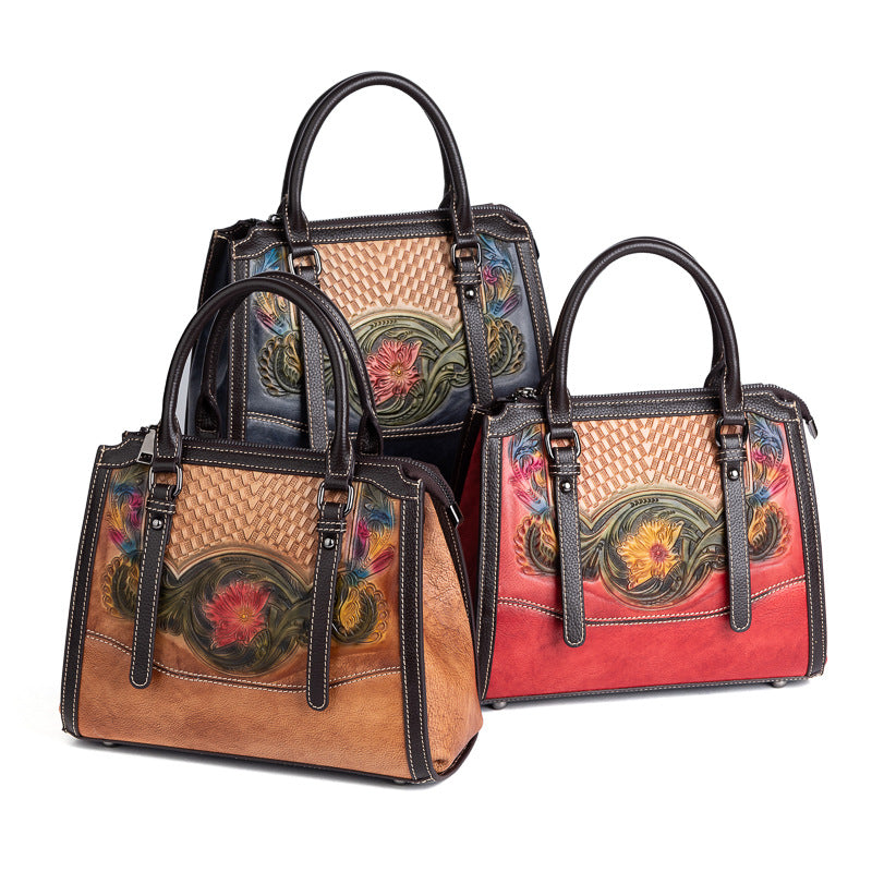 <tc>Red Flowers Embossed Leather Tote Handbags</tc>