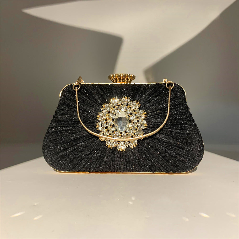 Black Glitter Rhinestone Ruffle Party Clutch Handbag