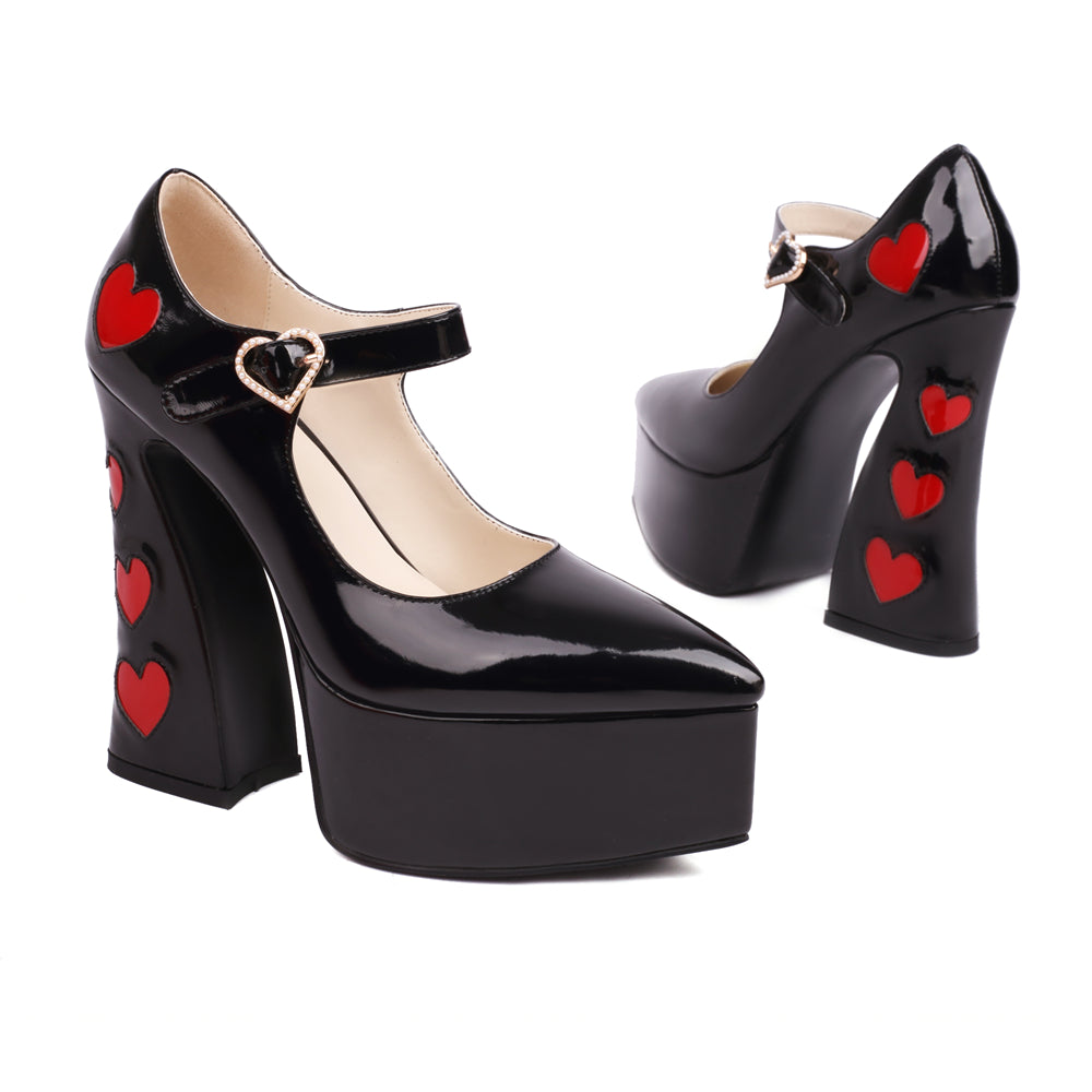 Blackheart Chunky Heel Point-Toe Platform Heel Mary Jane Pumps