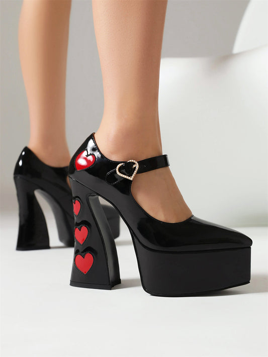 Blackheart Chunky Heel Point-Toe Platform Heel Mary Jane Pumps