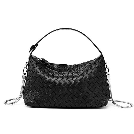 <tc>Black High Quality Cow Leather Woven Handbags Zipper Chain Shoulder Bags</tc>