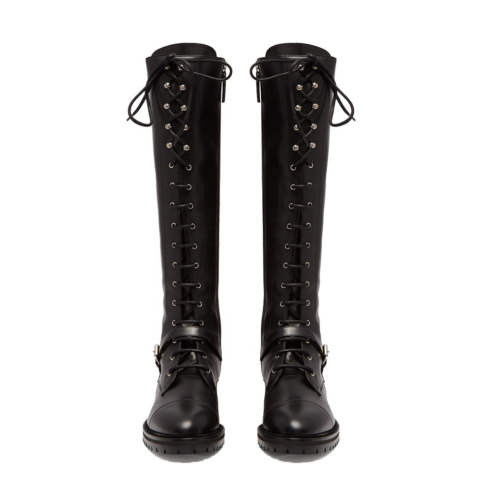 <tc>Black Lace up Flat Knee High Boots Women's Riding Boot Tall Winter Booties</tc>