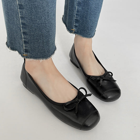 Black Leather Ballet Flats Cute Bow Pumps