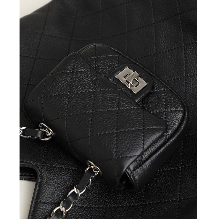 Black Leather Quilted Chain Shoulder Tote Bag Mini Wallet