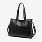 Black Leather Zipper Tote Big Shoulder Bag with Pocket