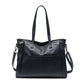 Black Leather Zipper Tote Big Shoulder Bag with Pocket